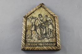 A 19th century Continental engraved bone plaque, `Ecce Homo`, depicting Christ bound to a