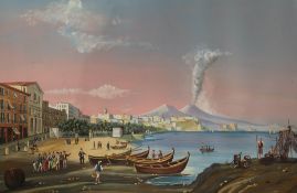 Neapolitan Schoolgouache,View of Naples with Vesuvius beyond,Unframed; 12 x 17.5in.