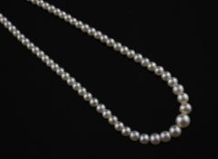 A graduated cultured pearl necklace, with diamond set clasp, 14.5in.
