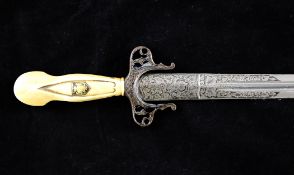 A 19th century German hunting hanger, with 19.5 inch foliate etched blade, carved ivory grip mounted