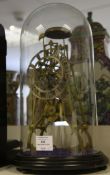 A 19th century brass fusee skeleton clock, with movement striking on a bell, on ebonised plinth