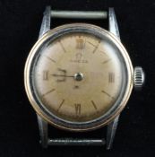 A lady`s 1940`s steel and gold plated Omega wrist watch, with yellow Roman and baton dial and