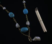 A 9ct gold, turquoise and baroque pearl drop necklace, 16in, together with a 9ct gold propelling