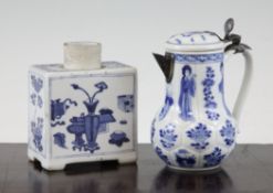 A Chinese blue and white tea caddy and a silver mounted blue and white jug and cover, first half