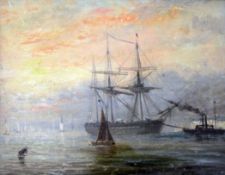 Adolphus Knell (fl. 1860-1890)oil on wooden panel,Steam tug towing a three master,signed,6 x 8in.