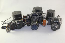 A Pentax 645 camera with a 75mm lens no.4026803, a Pentax 6 x 7 camera with a Macro-Takumar 6 x 7