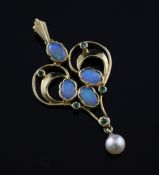An Art Nouveau style 9ct gold, white opal, emerald and cultured pearl set pendant, 1.75in.