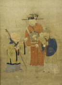 A Chinese embroidered silk picture of three deities, 18th / 19th century, with a central figure of