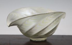 A Loetz clear and iridescent feather patterned bowl, c.1928-32, of boat shape set on a circular