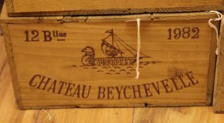 A case of twelve Chateau Beychevelle 1982, St Julien, in original wooden case, sealed.