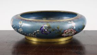 A Chinese cloisonne enamel shallow bowl, Qianlong mark, early 20th century, decorated with flowers