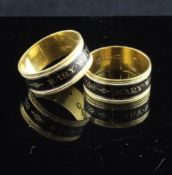 A pair of George III enamelled gold memorial rings, each with black and white enamelled bands,