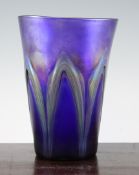 A Loetz blue iridescent glass tapered cylindrical vase, c.1930`s, with unidentified silver / green