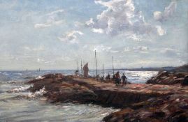 § John McGhie (Scottish 1867-1962)oil on board,Fisherfolk on the shoreline,signed,12 x 18in.