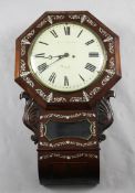 A William IV mother of pearl inlaid rosewood drop dial wall clock, with painted Roman numerals,