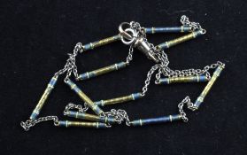 A 9ct two colour gold and blue enamel baton and chain link necklace, 20in.