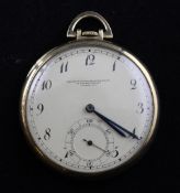 A 1940`s Swiss 9ct gold keyless dress pocket watch, retailed by The Goldsmiths & Silversmiths Co.