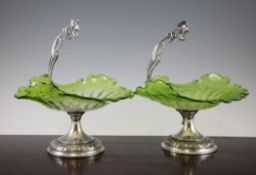 A pair of WMF electroplate and green crackle glass pedestal dishes, early 20th century, with leaf