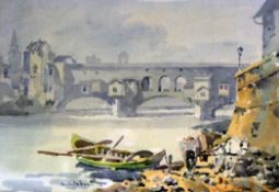 Giulio Falzoni (1900-1978)watercolour,View of the bridge at Florence,signed,9 x 13in.