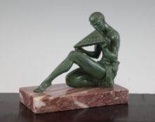 An Art Deco patinated bronze figure of Pan, on rectangular marble base, Paris foundry mark,