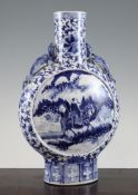 A large Chinese blue and white moon flask, late 19th century, painted to each side with a sage on