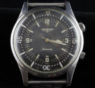 A gentleman`s early 1960`s stainless steel Longines automatic diver`s wrist watch, with baton and