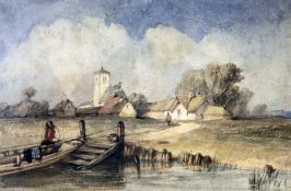 Alfred Gomersal Vickers (1810-1837)watercolour,River ferry with church and village beyond,5.75 x