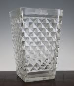 A large square tapering heavy cut glass vase, mid 20th century, with pyramid cut decoration, 12.