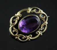 A Victorian gold, black enamel and amethyst memorial brooch, inscribed "In Memory of Mrs Frances