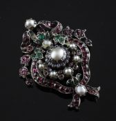 An early 20th century gold and silver, ruby emerald, sapphire and cultured pearl set pendant brooch,