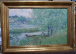 Blochoil on canvasBoatman and irises beside a river,indistinctly signed,18 x 29in.