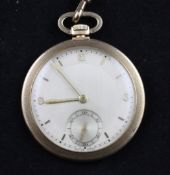 A 9ct gold Movado dress pocket watch, with case back initials and Arabic dial with subsidiary