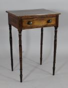 A Regency rosewood work table, with drawer, on ring turned tapered legs, 2ft 5in. x 1ft 7in. x 1ft
