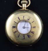 An early 20th century 18ct gold Swiss half hunter keyless lever pocket watch, with Roman dial and