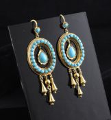 A pair of gold and turquoise oval drop earrings, 2.25in.