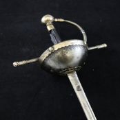A Spanish cup hilt rapier, c.1700, with 39 inch blade, brass mounted pommel and mounts, overall