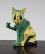 A rare English pottery `Louis Wain` model of a cat, designed c.1914, modelled seated with one paw