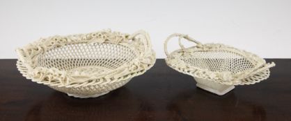 Two Belleek first period porcelain baskets, c.1863-91, both with a three strand centre and flower