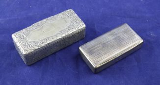 A French silver rectangular snuff box, with engine turned decoration, L.F., 3in. and one other