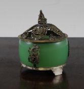 A Chinese green glass and gilt metal mounted censer and cover, early 20th century, the domed pierced