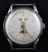 A gentleman`s stainless steel Ebel moonphase calendar wrist watch, with Arabic dial and month, day