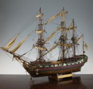 An early 20th century scratch built model three masted tall ship, 21.5 x 27in.