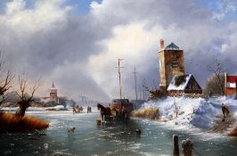 Dutch Schooloil on canvas,Winter scene with figures on a frozen canal,20 x 30in.