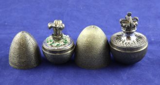 Two cased textured silver gilt surprise eggs, by Stuart Devlin, to commemorate The Queen`s Silver