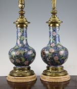 A pair of Chinese cloisonne enamel vases, late 19th/early 20th century, converted to lamps, with