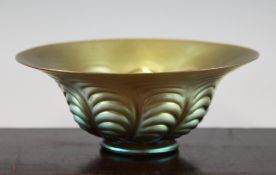 A WMF Myra iridescent glass bowl, with wrythen feather moulded decoration, 9.7in.