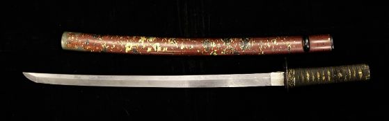 A Japanese wakizashi, with Goto mounts, 19th century, with lacquer scabbard simulating cherry