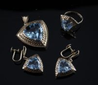 A 14ct gold and synthetic blue spinel suite of jewellery, comprising, ring, pendant and pair of