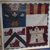 A pair of fabric, painted and applique work panels depicting the arms of Colchester, in modern ash