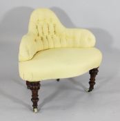 A Victorian carved walnut buttonback serpentine salon chair, in the manner of Gillows of